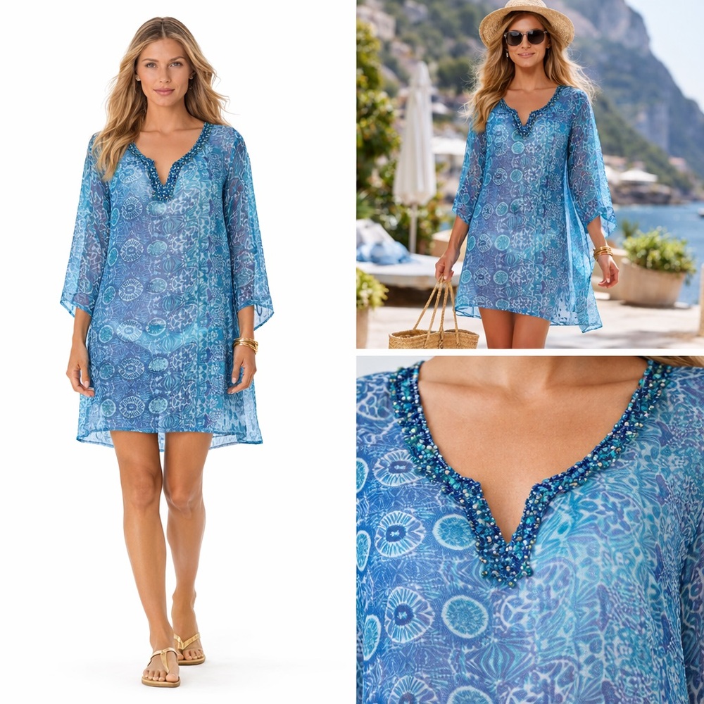 NWT Antica Sartoria blue chiffon coverup caftan beaded 3/4 sleeves Size L